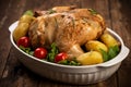 Roasted turkey garnished with potato and veg. Thanksgiving Christmas dinner. Chicken, roasted