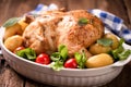 Roasted turkey garnished with potato and veg. Thanksgiving Christmas dinner. Chicken, roasted Royalty Free Stock Photo