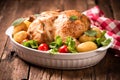 Roasted turkey garnished with potato and veg. Thanksgiving Christmas dinner. Chicken, roasted Royalty Free Stock Photo