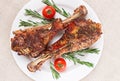 Roasted turkey legs on white plate Royalty Free Stock Photo