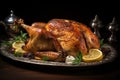 Roasted Turkey on Platter With Lemons and Herbs, Delicious Thanksgiving Main Course, A roasted chicken with golden-brown skin on a