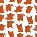 Roasted turkey seamless pattern. fowl in different poses ornament. Baked chicken texture. Background for Thanksgiving Day