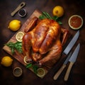 Roasted turkey on a wooden chopping board.generative ai