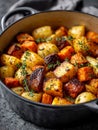 Roasted vegetables in a black pot with herbs and thyme. Royalty Free Stock Photo