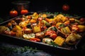 Roasted vegetables on sheet pan oven tray, grilled autumn veggies