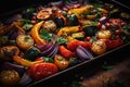 Roasted vegetables on sheet pan oven tray, grilled autumn veggies