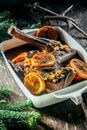 Roasted Venison Haunch in Pan with Citrus Slices