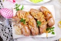 Roasted white sausage with onion for easter Royalty Free Stock Photo