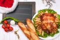 Roasted whole chicken and apple pie with Christmas dinner Royalty Free Stock Photo