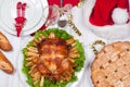 Roasted whole chicken and apple pie with Christmas dinner Royalty Free Stock Photo