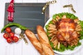 Roasted whole chicken and apple pie with Christmas dinner Royalty Free Stock Photo