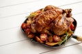 Roasted whole chicken in cast iron black pan Royalty Free Stock Photo