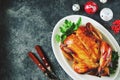 Roasted whole chicken. Delicious homemade food. Christmas background. Top view. Copy space. Royalty Free Stock Photo