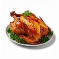 Roasted Whole Chicken Garnished with Herbs and Berries on White Plate Royalty Free Stock Photo