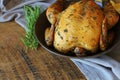 Roasted whole chicken or turkey for celebration and holiday. Christmas, thanksgiving, new year`s eve dinner Royalty Free Stock Photo