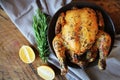 Roasted whole chicken or turkey for celebration and holiday. Christmas, thanksgiving, new year`s eve dinner Royalty Free Stock Photo