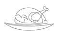 Roasted whole poultry on a platter: chicken, turkey. Humorous illustration. Vector continuous line drawing, isolated on white Royalty Free Stock Photo