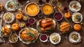 Roasted whole turkey, cranberry sauce, delicious pumpkin, autumn leaves holiday table food