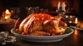 Roasted whole turkey duck or chicken closeup festive traditional served table with white wine and candles Royalty Free Stock Photo