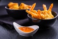 Roastet and breaded Thai shrimps with dip Royalty Free Stock Photo
