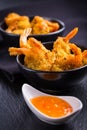 Roastet and breaded Thai shrimps with dip Royalty Free Stock Photo