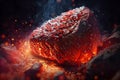 Roasting beef on hot coals. Meat with spices and sauce. Baked meat. Delicious dish. Artistic blur. ?dvertising background.