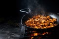 Roasting chanterelles in iron frying pan on open fire. Fried wild mushrooms, droplets of oil and steam. Generative AI