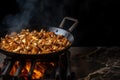 Roasting chanterelles in iron frying pan on open fire. Fried wild mushrooms, traditional Scandinavian meal. Generative AI Royalty Free Stock Photo