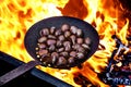 Roasting chestnuts in a skillet with holes on the fire Royalty Free Stock Photo