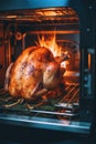 A roasting chicken in an oven with flames in the background. Generative AI image. Royalty Free Stock Photo