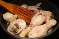 Roasting Chicken Shins With Paddle In Frying Pan, Close-up