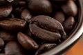 Roasting classic java and rich taste concept macro close up on coffee beans in vintage grinder Royalty Free Stock Photo