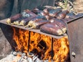 Roasting Eggplants on Open Fire Grill Royalty Free Stock Photo