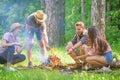 Roasting marshmallows popular group activity around bonfire. Company friends prepare roasted marshmallows snack nature Royalty Free Stock Photo