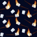 Roasting marshmallows seamless pattern isolated on dark blue night sky background.
