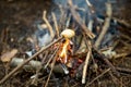 Roasting marshmallows on stick at bonfire. Having fun at camp fire Royalty Free Stock Photo
