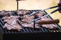 Roasting meat with beer in nature, barbecue concept Royalty Free Stock Photo