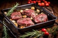 roasting pan with beef roast, fresh rosemary branches, and whole garlic