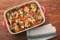 A roasting pan full of chicken thighs Royalty Free Stock Photo