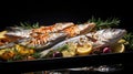 Roasting pan with whole fish, lemon slices, and herbs prepared for cooking