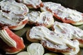 Roasting raw meat on a pan in the oven. Cooking meat in French, close-up Royalty Free Stock Photo