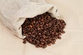Roated coffee beans spill out of the bag Royalty Free Stock Photo