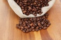 Roated coffee beans spill out of the bag Royalty Free Stock Photo