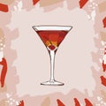 Rob Roy cocktail with cherry garnish illustration. Alcoholic classic bar drink hand drawn vector. Pop art