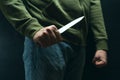 A robber with a big knife - a sharp-assassin murderer about to commit murder, robbery, theft. News articles, newspaper, social