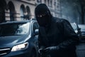 Robber black mask near car. Generate Ai Royalty Free Stock Photo