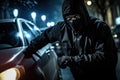 Robber black mask near police car. Generate Ai