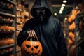 Robber black mask take pumpkin shop. Generate Ai Royalty Free Stock Photo