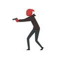 Robber or Burglar Dressed in Black Clothes and Mask Standing with Gun Vector Illustration