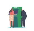 Robber Character Spying For Woman At Atm Machine. Fraud Wear Black Costume And Mask Stealing Personal Credentials